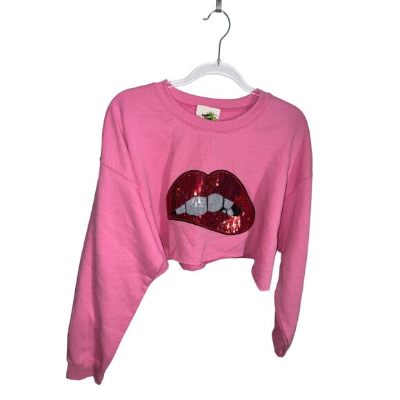 Sequin Lips Pink Cropped Sweatshirt Custom Made Size Large Y2K Sexy - Picture 1 of 6
